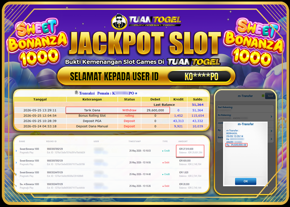 TUANTOGEL JACKPOT SLOT SWEET BONANZA 1000 Rp29.600.000, - LUNAS 